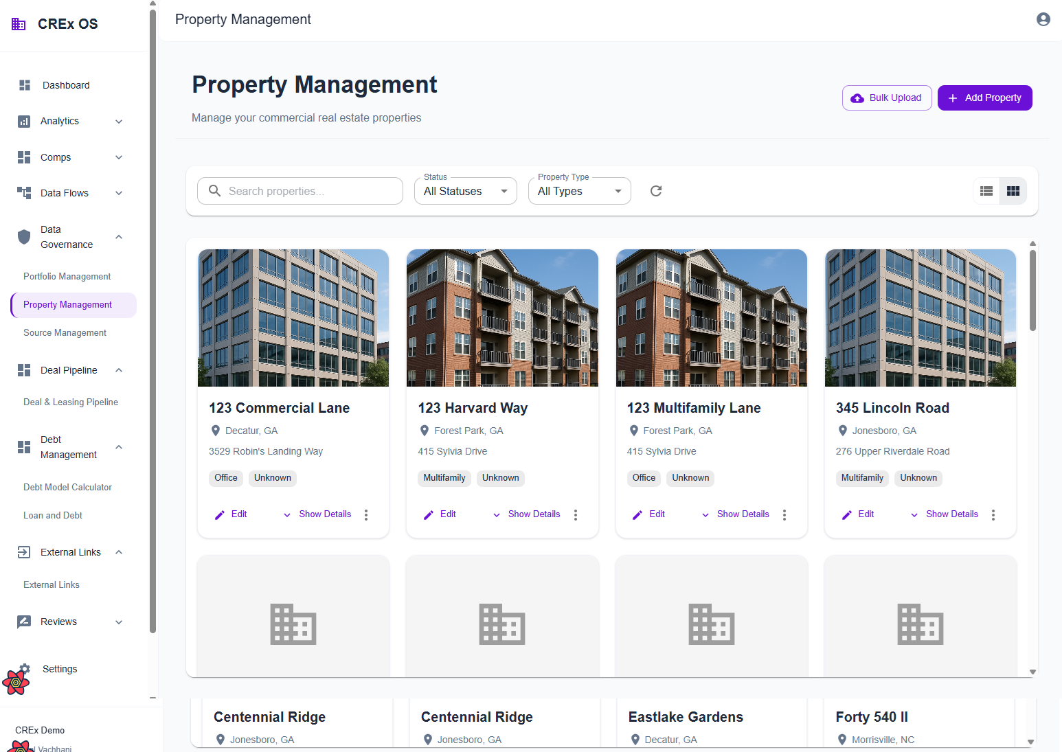 CREx OS unified data hub showing comprehensive property and asset data