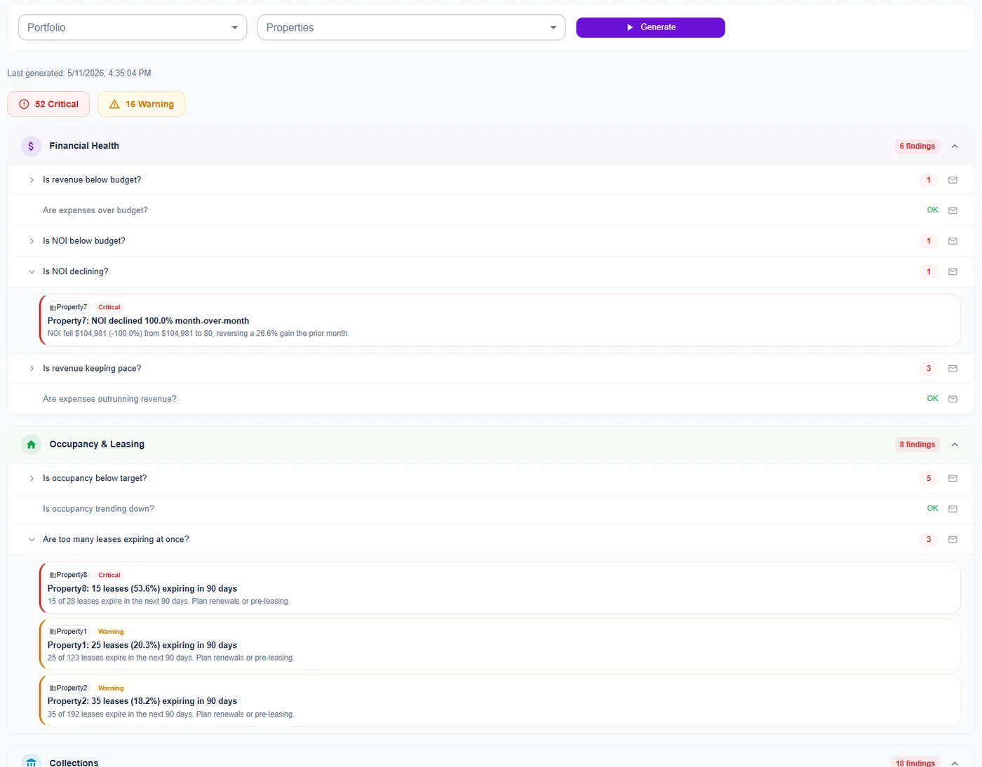 CREx OS Insights listing findings by category, including a property whose NOI fell month over month and properties with large lease expirations in the next 90 days