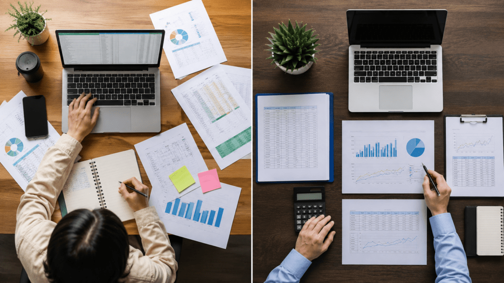 An analyst comparing multifamily vs commercial analytics across two property management reports