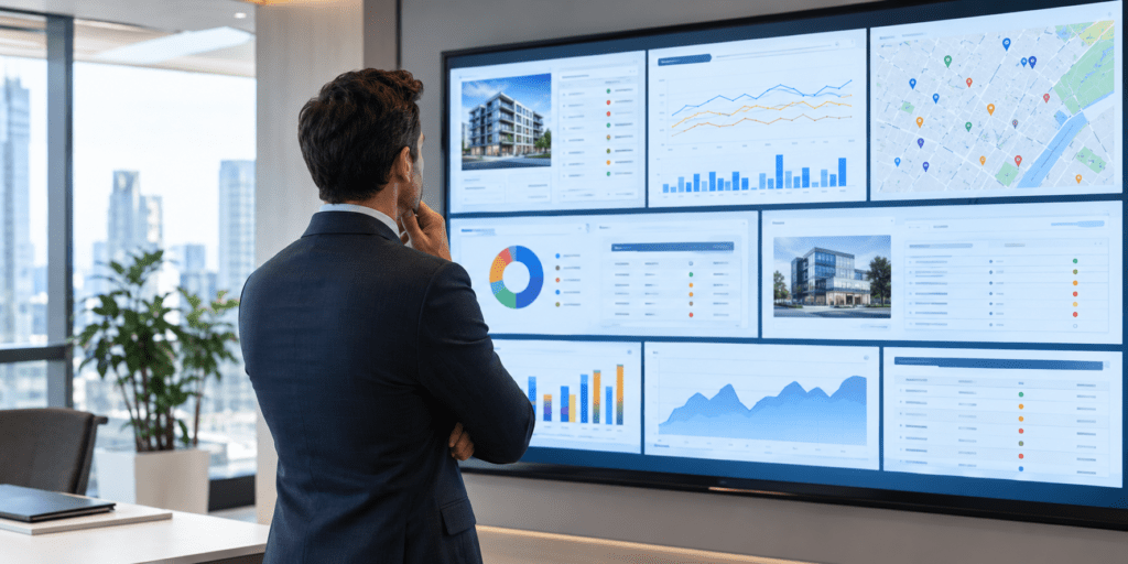 CRE technology implementation dashboard showing fragmented data across multiple property management systems